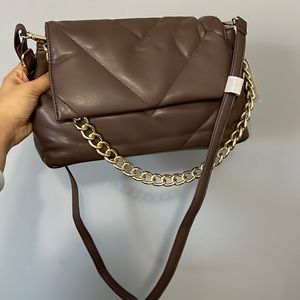 Brown leather purse with gold chain